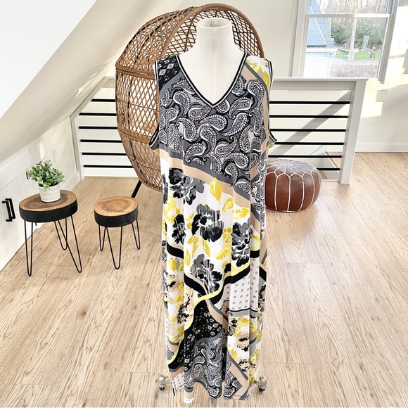 Susan Graver Dresses & Skirts - NWT 1XP Susan Graver sleeveless V-neck black yellow tan earth tones, midi dress